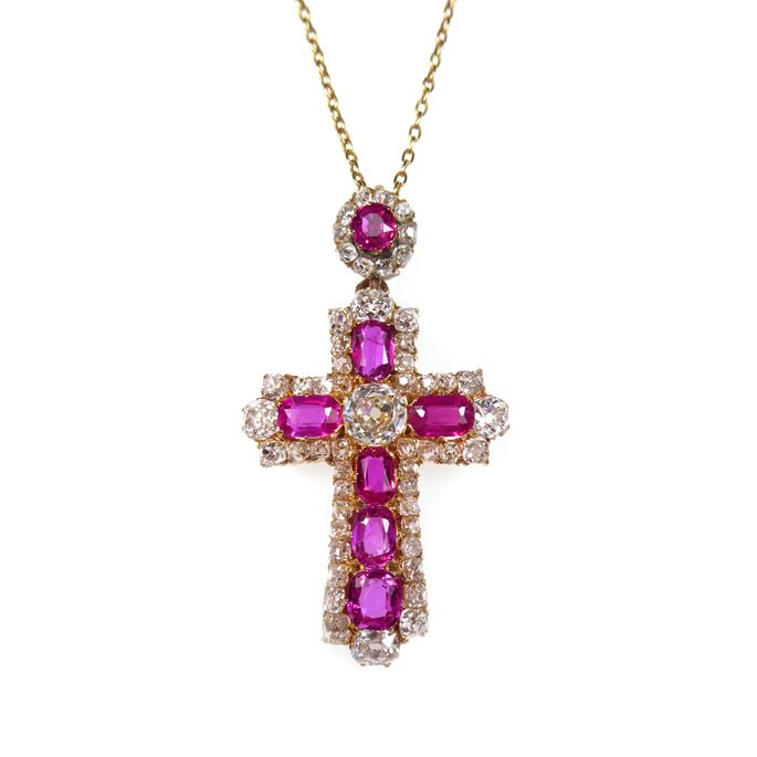 Antique ruby and diamond cluster cross pendant | MasterArt